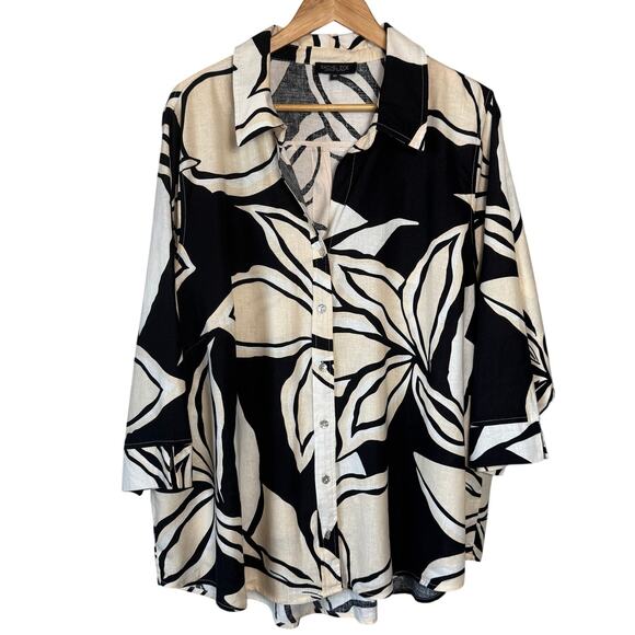 Rachel Zoe Tops - Rachel Zoe Palm Print Button Down Shirt 3X Women Black White Linen Rayon Boxy